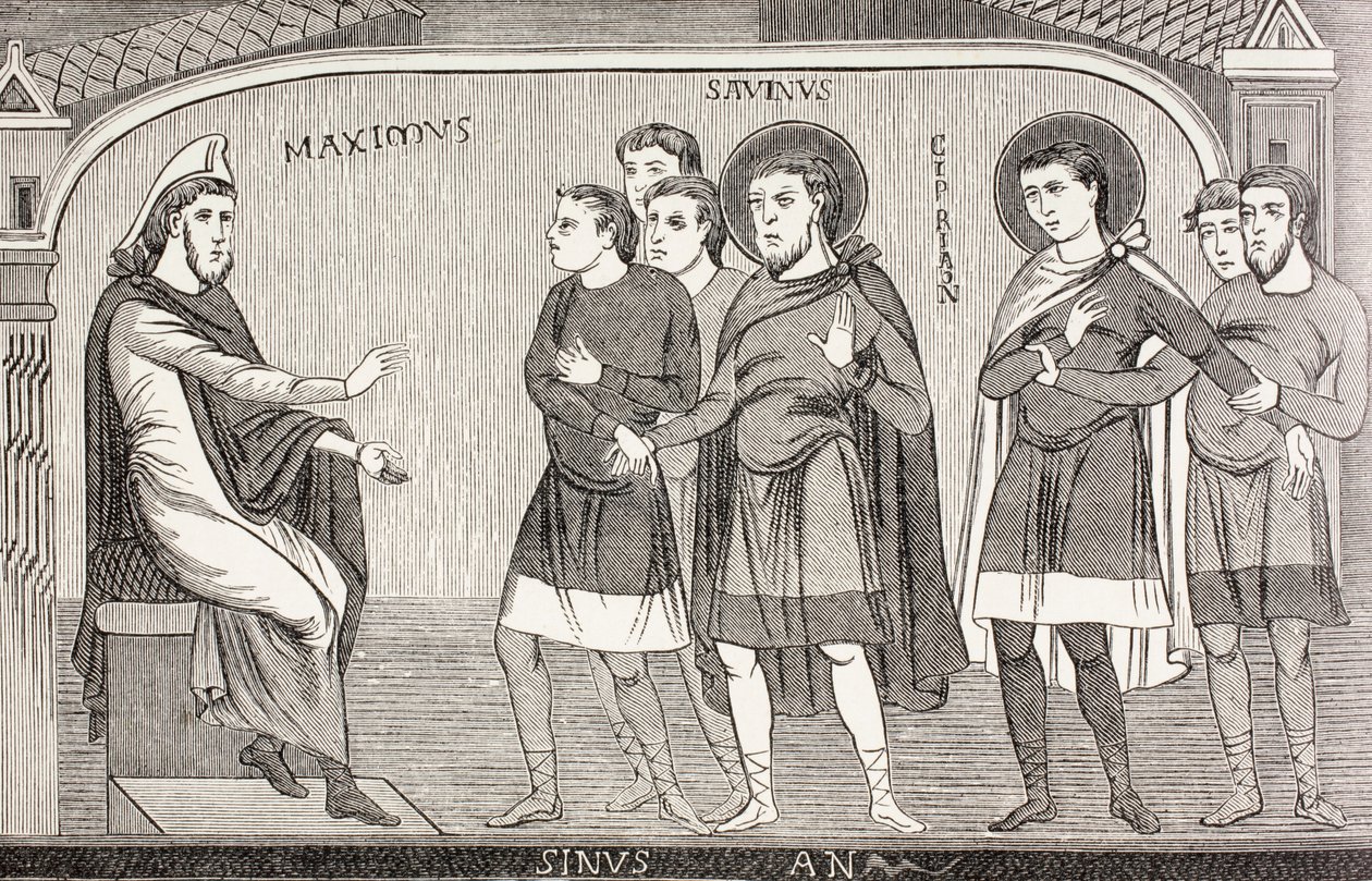 Santos Savin e Cyprian confessando ao procônsul Galerius Maximus que eles são cristãos, de "Vida Militar e Religiosa na Idade Média" por Paul Lacroix, publicado em Londres c.1880 de French School