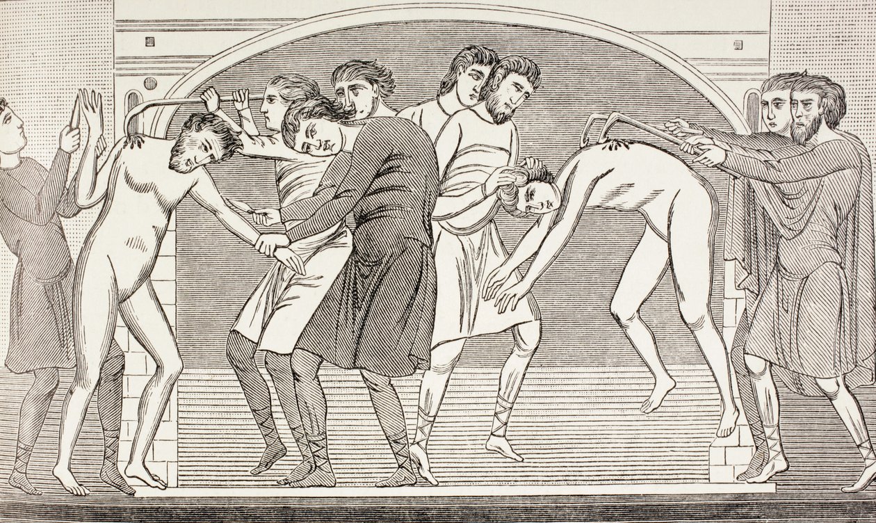 Os Santos Savin e Cyprian tendo sua carne arrancada de seus corpos com ganchos de ferro, de "A Vida Militar e Religiosa na Idade Média" por Paul Lacroix, publicaram Londres c.1880 de French School