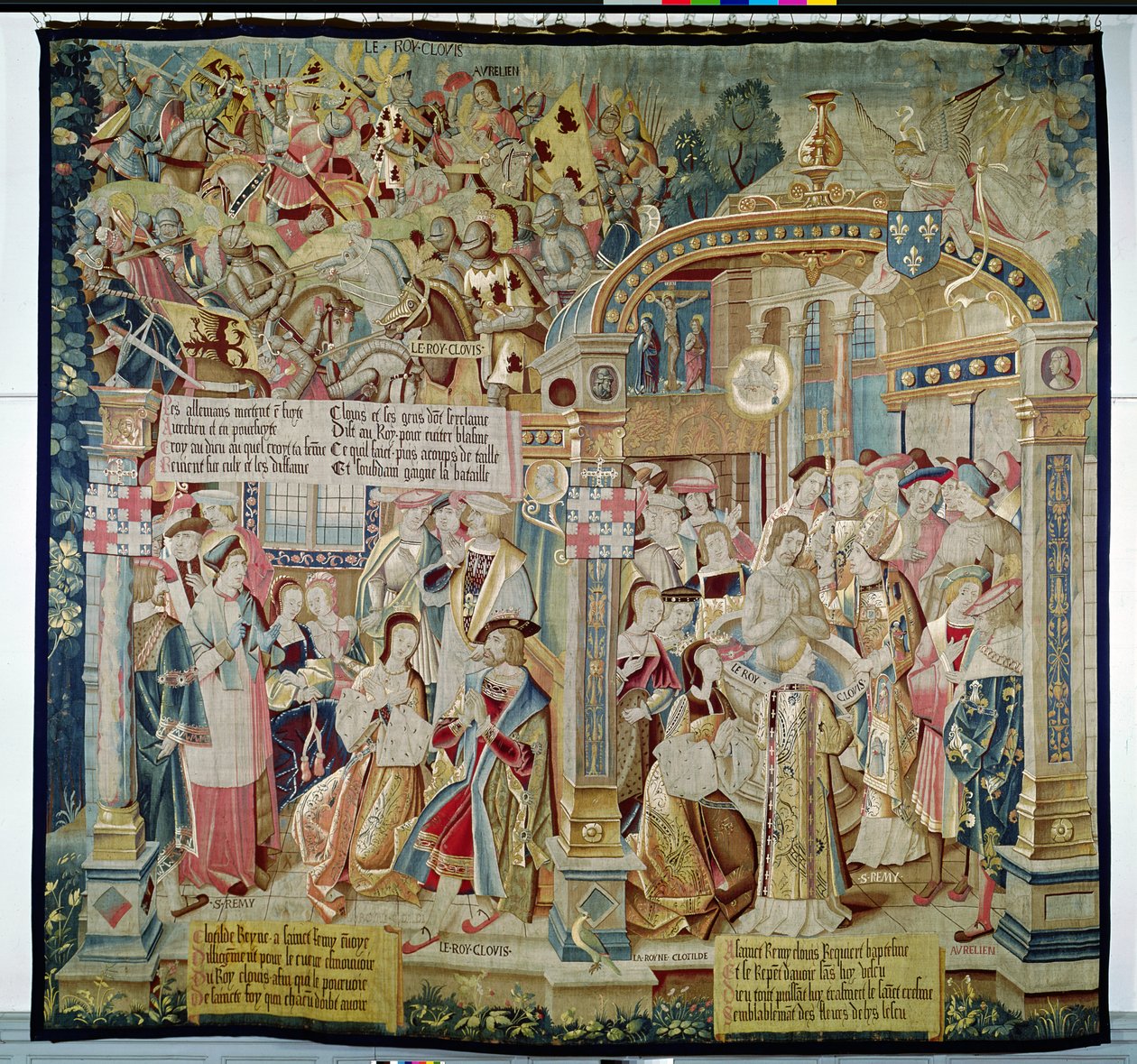 Cenas da vida de São Remigio (d.533) bispo de Reims: a batalha de Tolbiac em 496: a conversão e o batismo de Clóvis I (465-511), rei dos francos, 1531 (tapeçaria) de French School