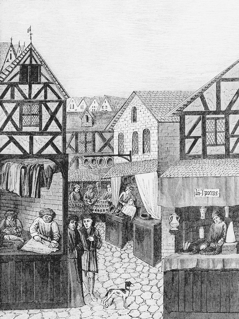 Lojas na Rua do Boticário: Barbeiro, Furrier e Alfaiate, de &39;Regime des Princes&39;, ilustração de &39;Ciência e Literatura na Idade Média e Renascença&39;, escrita e gravada por Paul Lacr de French School