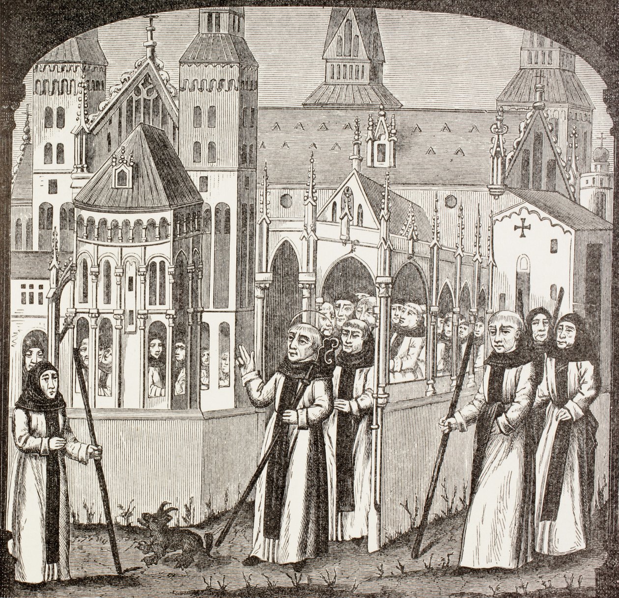 São Bernardo de Clairvaux e os monges cistercienses que se apossaram da abadia de Clairvaux, de "A vida militar e religiosa na Idade Média" de Paul Lacroix, publicaram Londres c.1880 de French School
