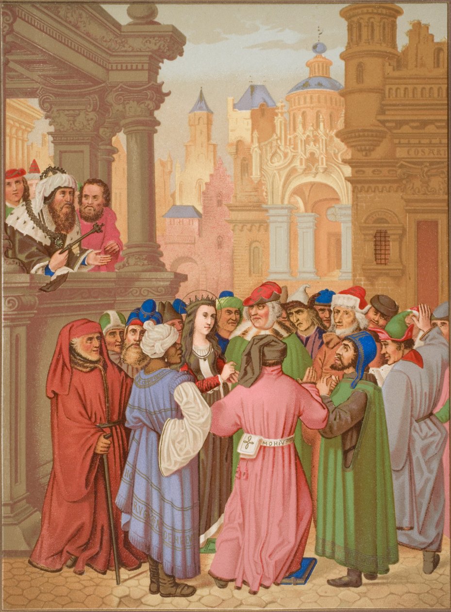 Santa Catarina Cercada pelos doutores de Alexandria, depois de uma miniatura do "Brevarium Grimani", dito por Hans Memling (c.1433-94) de "Le Moyen Age et la Renaissance", de Paul Lacroix (1806 de French School
