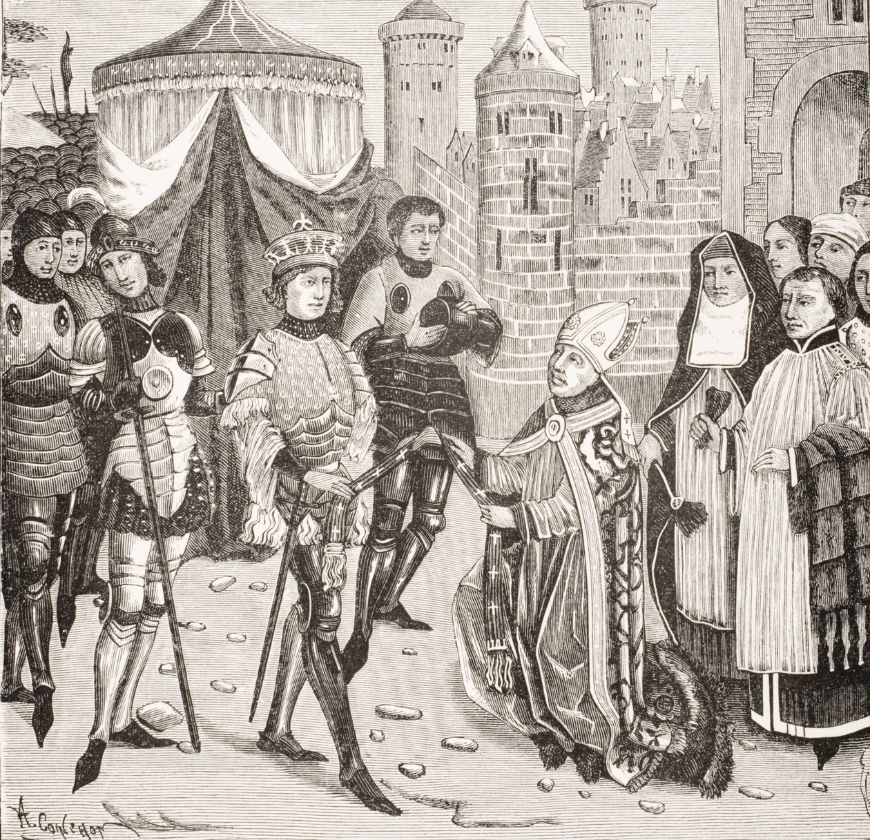 St. Remy, bispo de Reims implora ao rei Clovis (465-511) a devolução de um vaso sagrado roubado pelos francos durante a pilhagem de Soissons, depois de uma miniatura no manuscrito de &39;History of Emperors&39;, f de French School