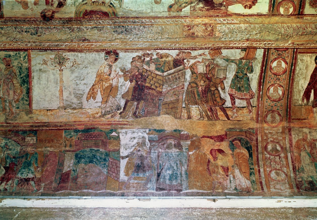 A construção da torre de Babel (registro superior); O Encontro de José e Esposa de Potifar e Joseph Sendo Lançado na Prisão (registro inferior), da abóbada da nave, c.1100 de French School