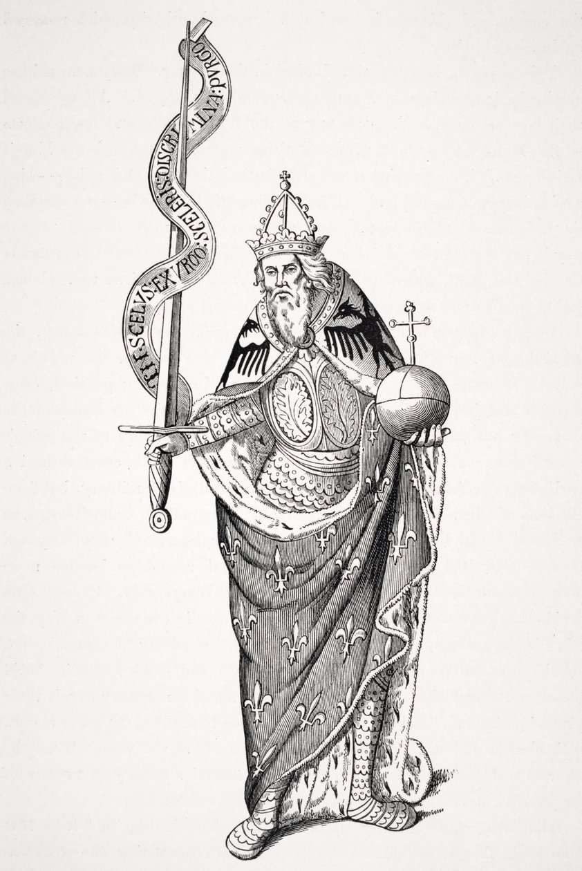 O imperador Carlos Magno (747-814), segurando o Globo e a Espada, depois de uma miniatura nos registros da Universidade de Paris, de "Le Moyen Age et la Renaissance", de Paul Lacroix (1806-84), publicado de French School