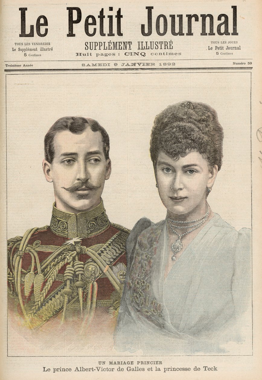 O Engajamento de Albert Victor (1864-92) Duque de Clarence, filho mais velho de Eduardo, Príncipe de Gales, a Victoria Mary de Teck (1867-1953) de &39;Le Petit Journal&39;, 9 de janeiro de 1892 de French School