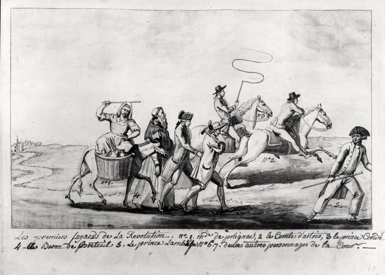 As Primeiras Fugas da Revolução: Madame de Polignac (1749-93), Conde d&39;Artois (1757-1836) futuro Carlos X, Luís-José (1736-1818) Príncipe do Conde, Barão de Breteuil (1730-1807), Príncipe Lambe e de French School