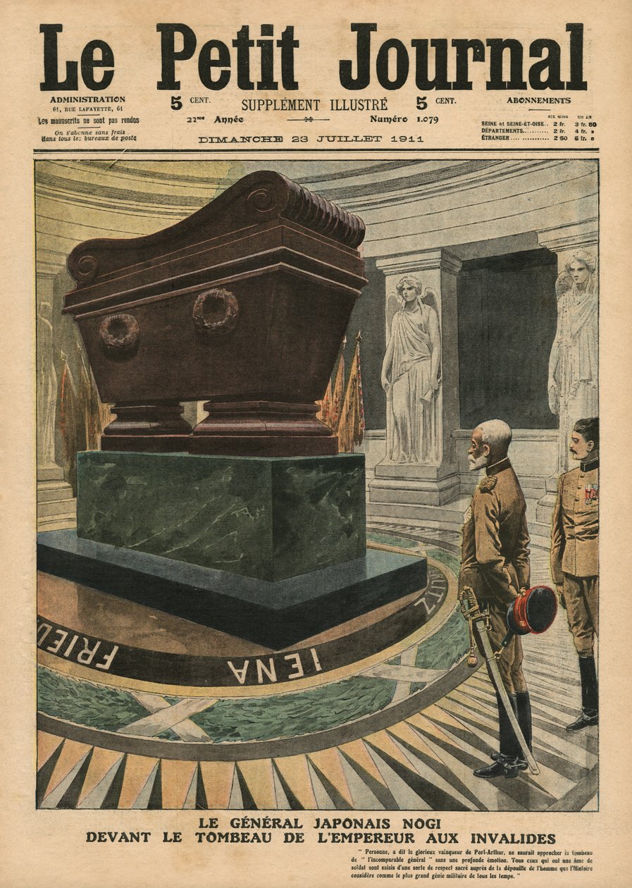 O general japonês Conde Maresuke Nogi diante do túmulo do imperador Napoleão Bonaparte em Les Invalides, Paris, ilustração de &39;Le Petit Journal&39;, suplemento ilustre, 23 de julho de 1911 de French School