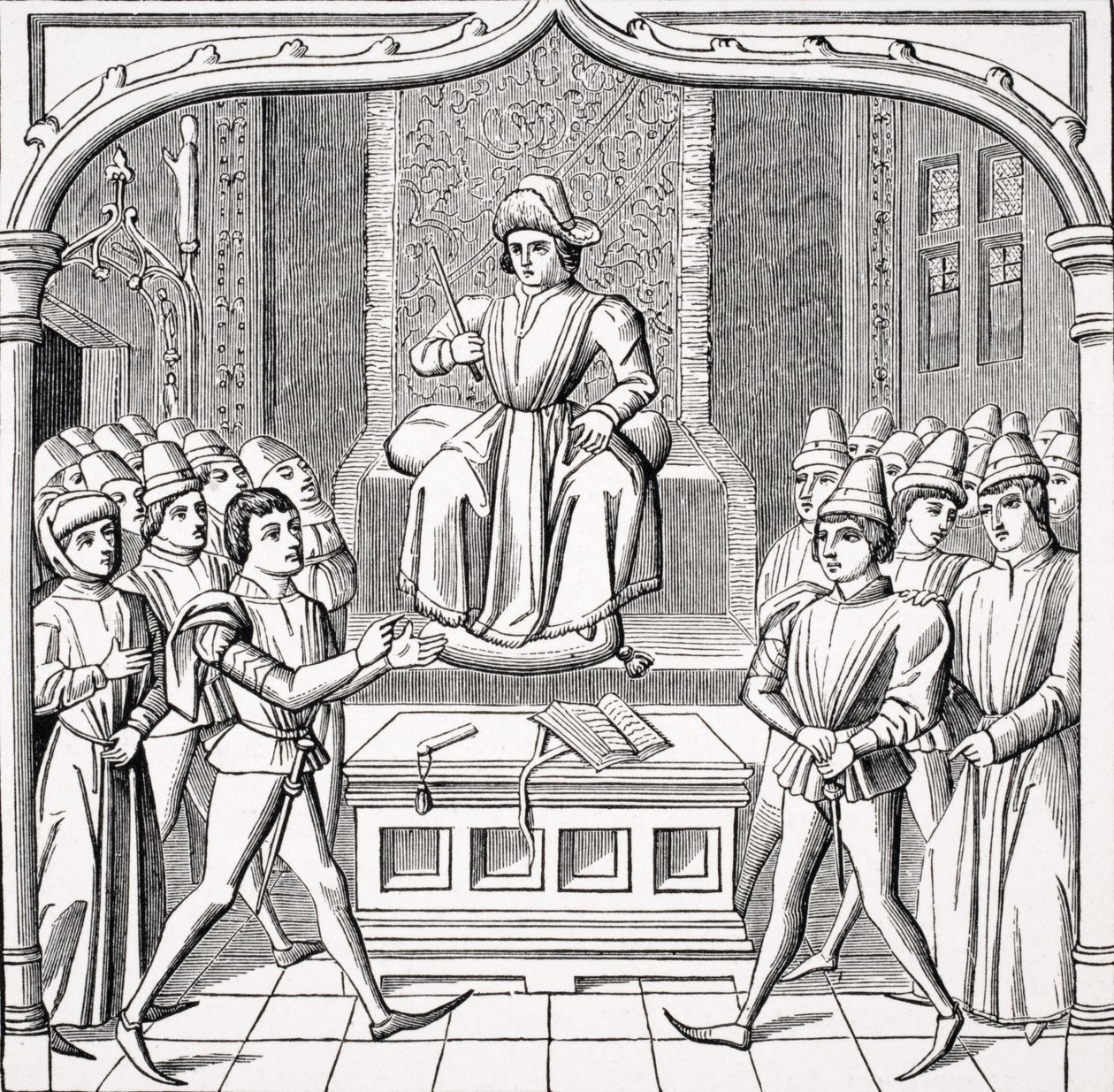 O duelo judicial - O autor abre seu caso diante de um juiz, depois de uma miniatura no manuscrito do século 15 "Cerimônias des Gages des Batailles", de "Le Moyen Age et la Renaissance", de Paul La de French School