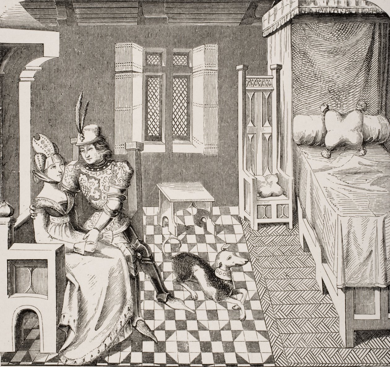 O Cavaleiro e sua Senhora, depois de uma miniatura ilustrando o poema "Othea" de Christine de Pisan (1363-1430), de "Le Moyen Age et La Renaissance", de Paul Lacroix (1806-84), publicado em 1847 de French School