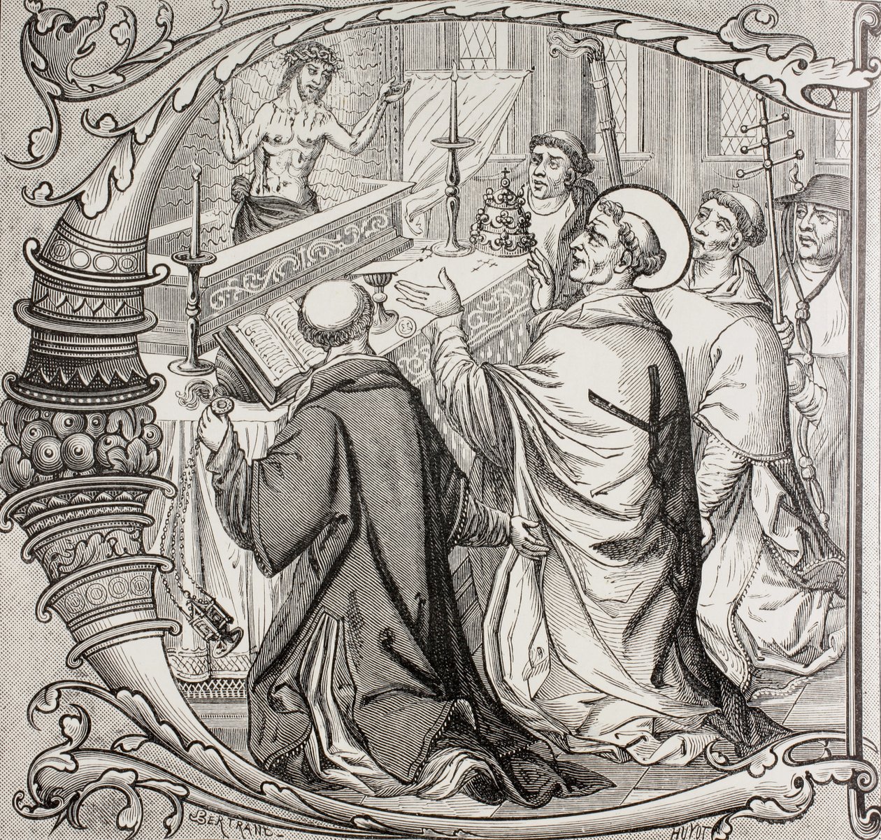 A missa de São Gregório Magno e a aparição de Jesus Cristo como o homem das dores, de "A vida militar e religiosa na Idade Média", de Paul Lacroix, publicada em Londres, c.1880 de French School