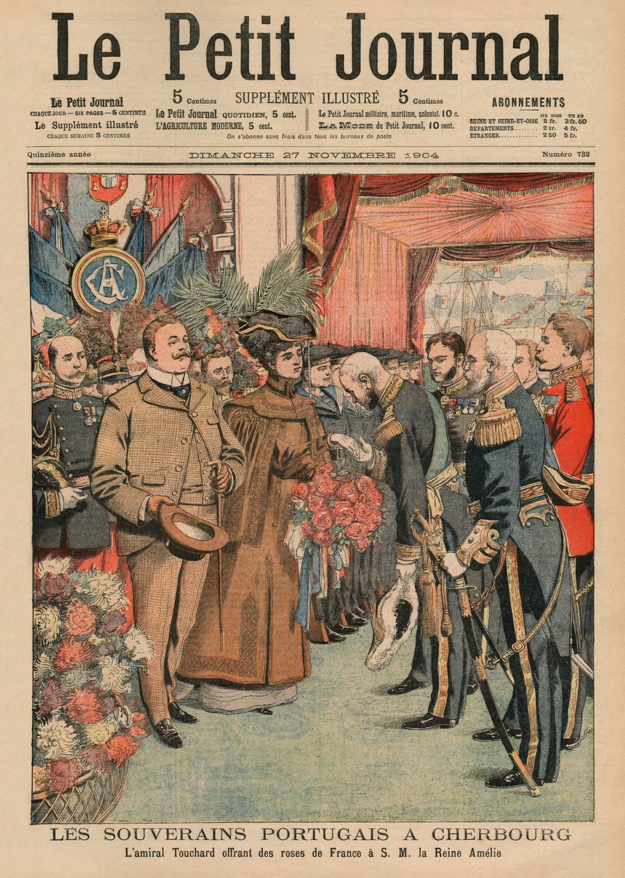 Os soberanos portugueses em Cherbourg, almirante Touchard oferecendo rosas francesas a Sua Majestade a Rainha Amelie de portugal, ilustração da capa do &39;Le Petit Journal&39;, suplemento ilustre, 27ª Nove de French School