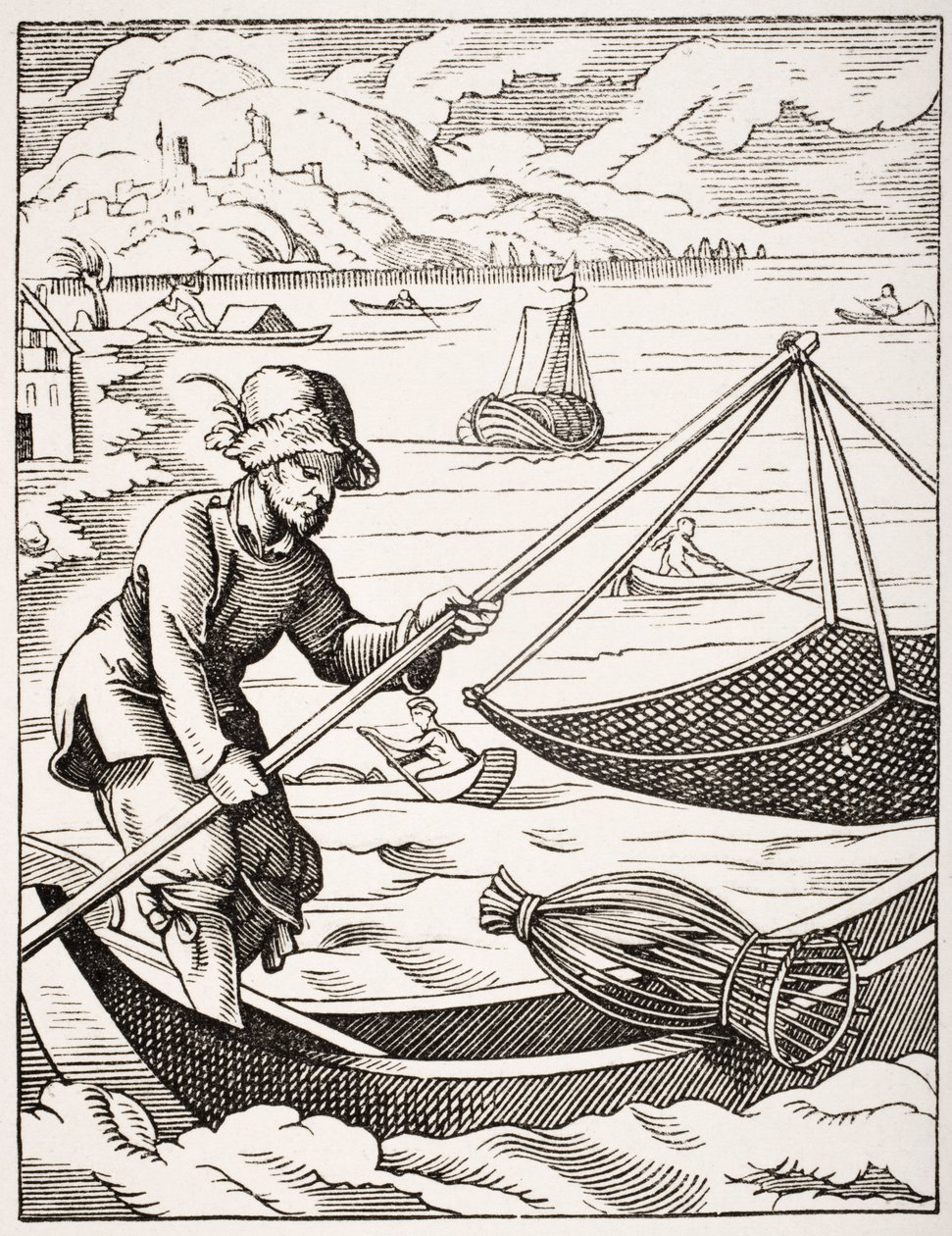 O pescador do rio, depois de uma ilustração do século XVI desenhada e gravada por Jost Amman (1539-91) de &39;Le Moyen Age et La Renaissance&39; por Paul Lacroix (1806-84) publicou 1847 de French School