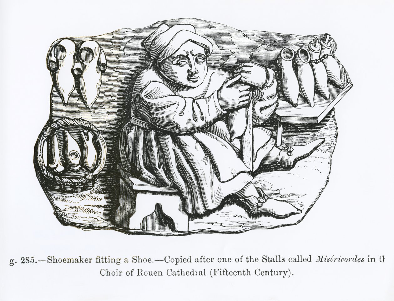 The Shoemaker Fitting a Shoe, copiado de uma das barracas da Misericórdia no Coro da Catedral de Rouen, ilustração de "Ciência e Literatura da Idade Média e da Renascença", escrito e de French School