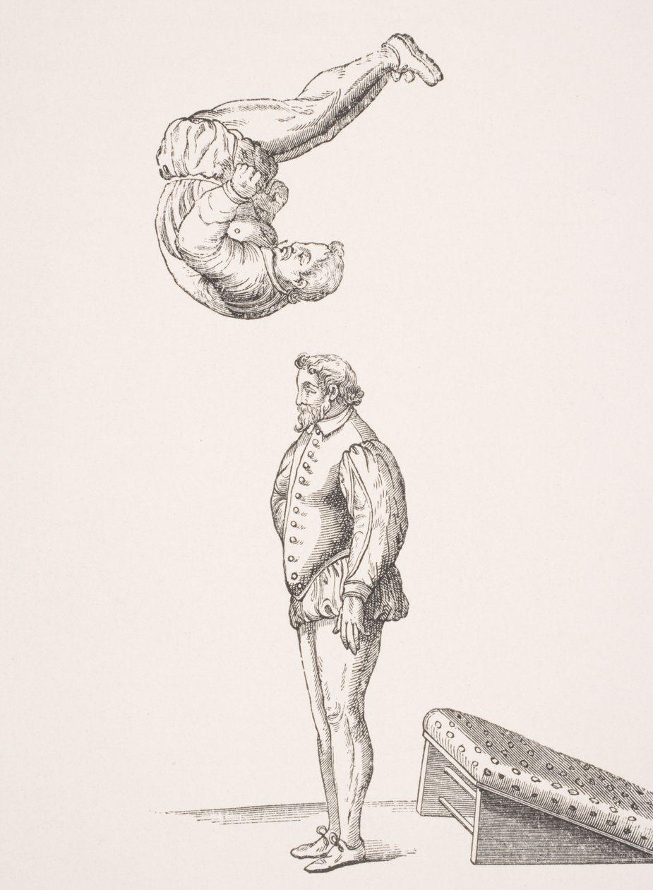 The Spring Board, ilustração de um fac-símile de &39;Excercises in Leaping and Vaulting&39;, de A. Tuccaro, publicado em 1599, de &39;Le Moyen Age et La Renaissance&39;, de Paul Lacroix (1806-84), publicado em 1847 de French School