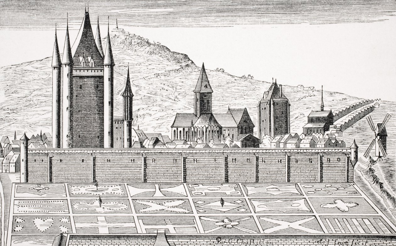 A Torre do Templo em Paris, depois de uma gravura da "Topografia de Paris", de "Le Moyen Age et La Renaissance", de Paul Lacroix (1806-84), publicada em 1847 de French School