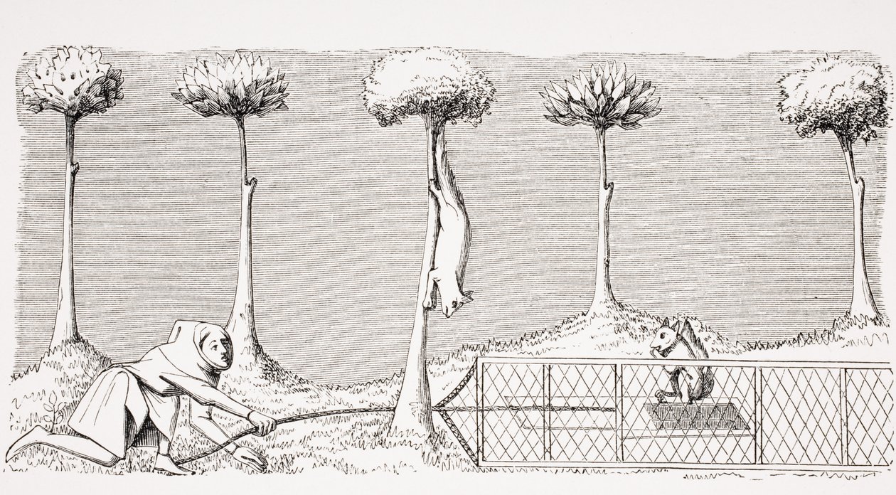 O Caminho para Apanhar Esquilos no Chão no Bosque, após uma miniatura do manuscrito de Phoebus, do século XV, de &39;Le Moyen Age et La Renaissance&39;, de Paul Lacroix (1806-84), publicado em 1847 (lit de French School