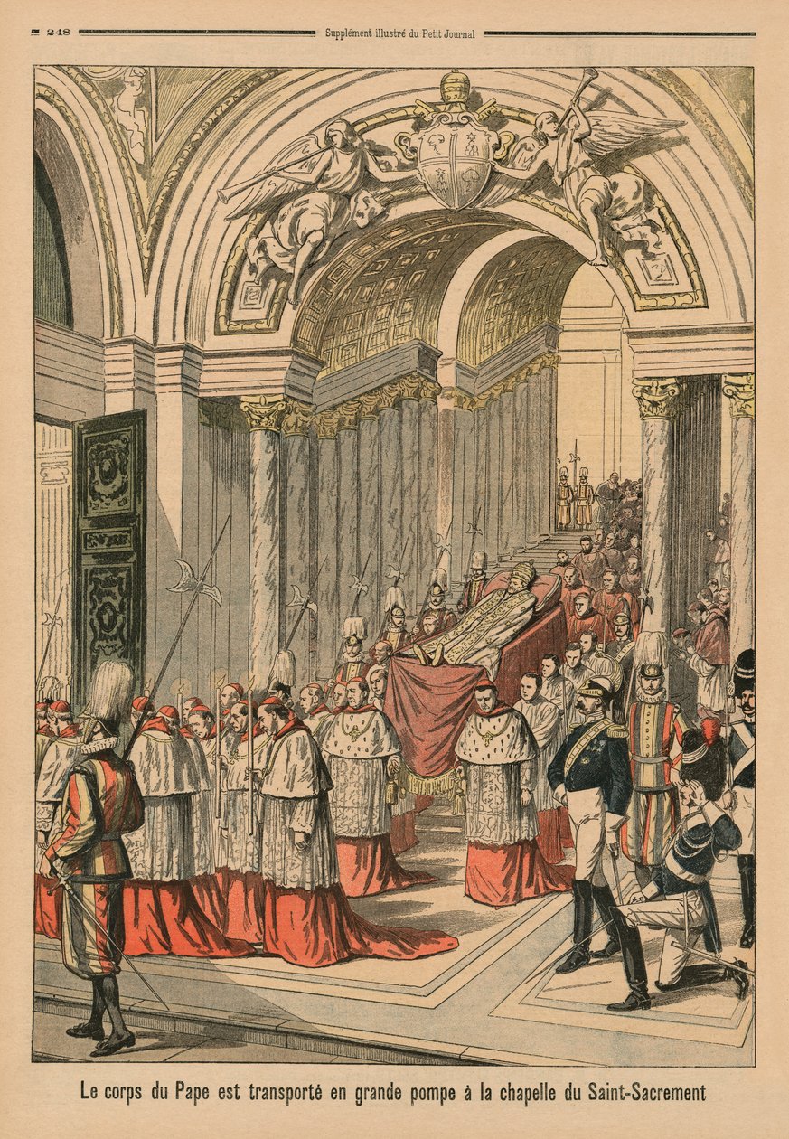 O corpo do Papa Leão XIII é levado com grande pompa à Capela do Santíssimo Sacramento, ilustração da contracapa do &39;Le Petit Journal&39;, suplemento ilustre, 2 de agosto de 1903 de French School