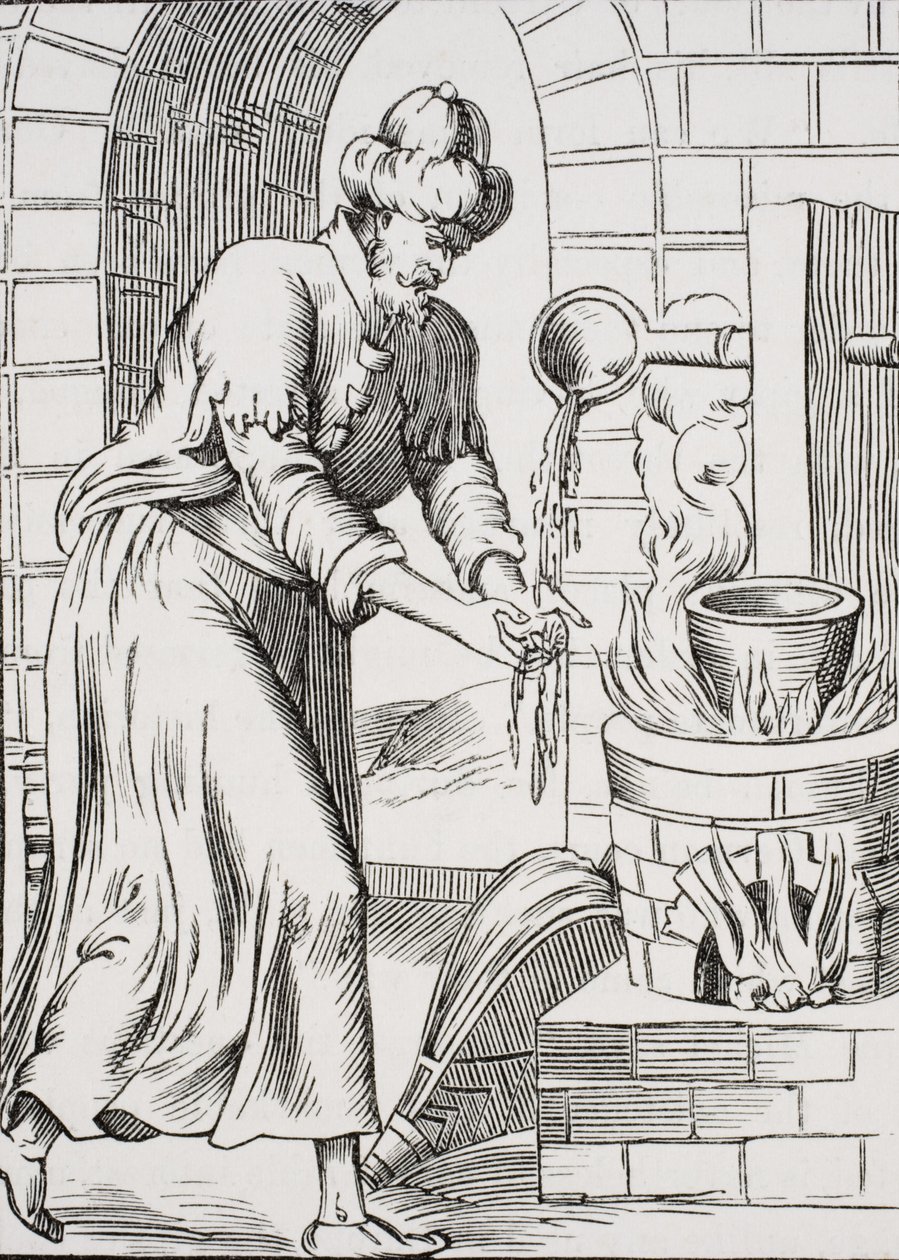 O cigano que lavou as mãos em chumbo fundido, depois de uma xilogravura em &39;Histoires Merveilleuses&39;, de Pierre Boaistuau, publicada em 1560, de &39;Le Moyen Age et La Renaissance&39;, de Paul Lacroix (1806-84), publica de French School