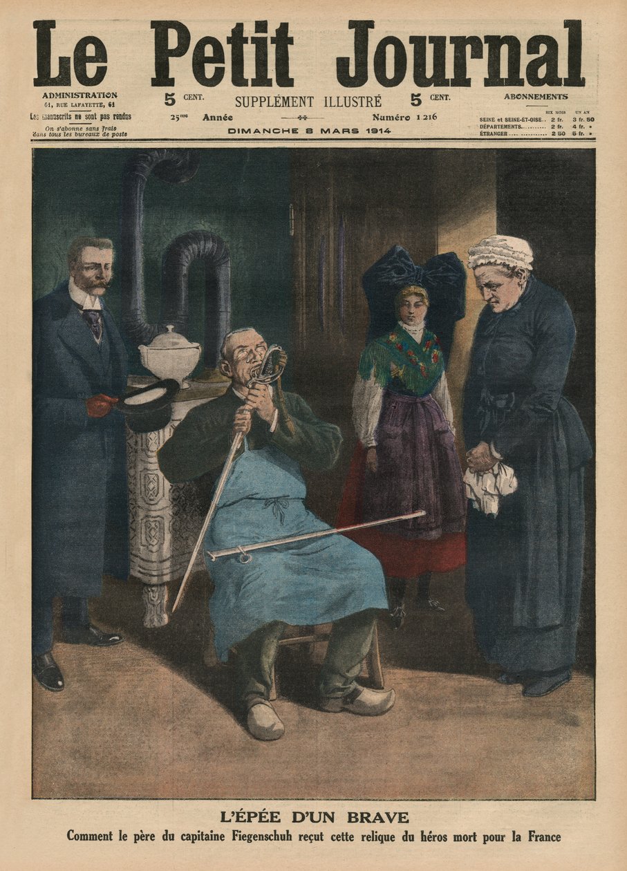 A espada de um homem corajoso, como o pai do capitão Fiegenschuh recebeu a relíquia de um herói morto para a França, ilustração da capa do &39;Le Petit Journal&39;, suplemento ilustre, 8 de março de 1914 (cor de French School