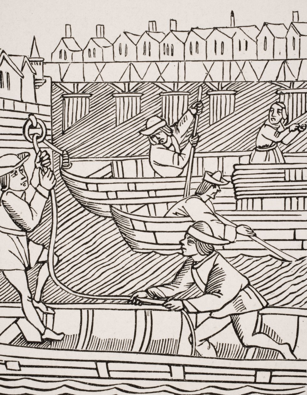Pedágio Sob as Pontes de Paris, depois de uma xilogravura em "Ordens dos mercadores de Paris", de 1500, de "A Idade Média e o Renascimento", de Paul Lacroix (1806-84), publicado em 1847 de French School