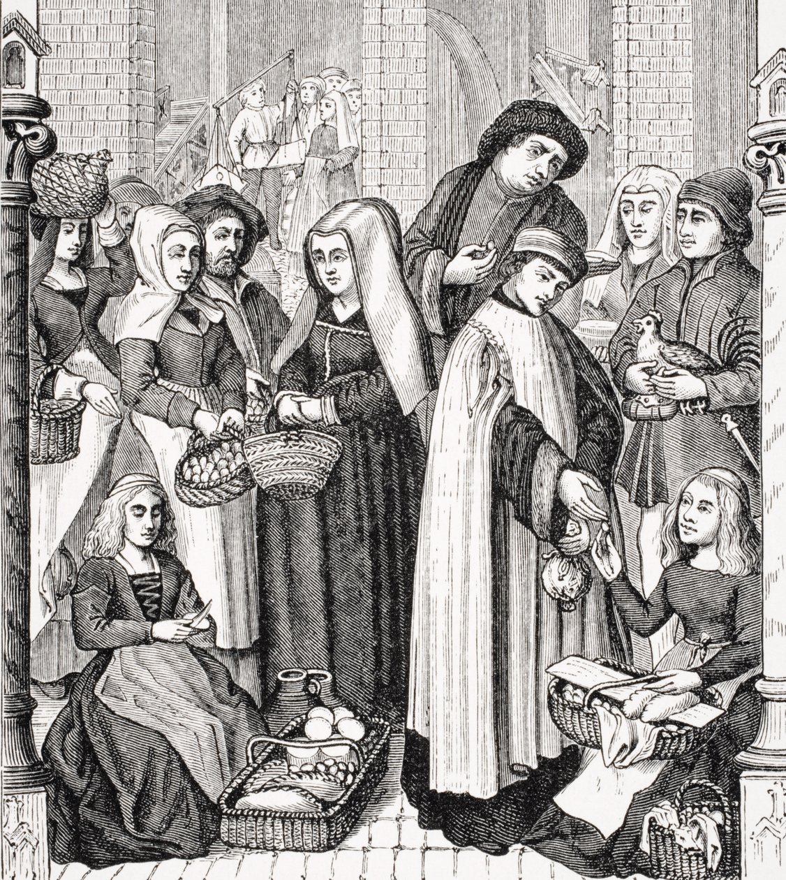 Pedágio em Mercados, cobrado por um clérigo, depois de uma janela pintada do século XV na catedral de Tournay, de "Le Moyen Age et La Renaissance", de Paul Lacroix (1806-84), publicado em 1847 de French School