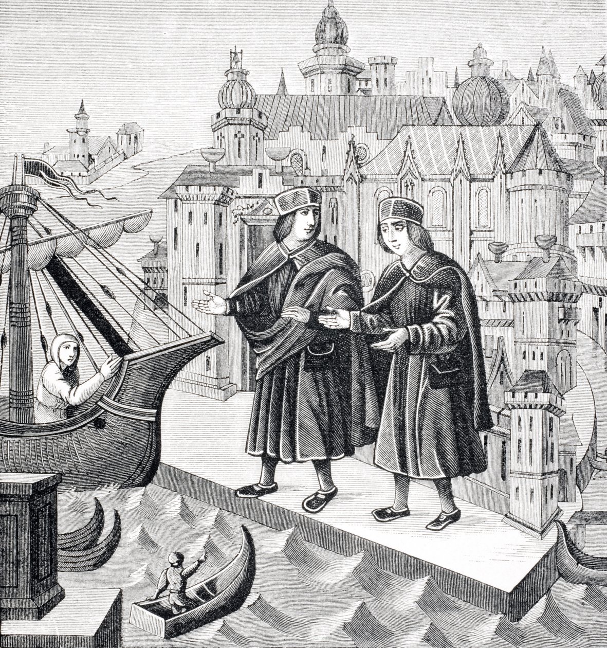 Comércio nos portos marítimos do Levante, reprodução de uma miniatura no manuscrito do século 15, "Viagens de Marco Polo", de "Le Moyen Age et La Renaissance", de Paul Lacroix (1806-84), publicado em 184 de French School