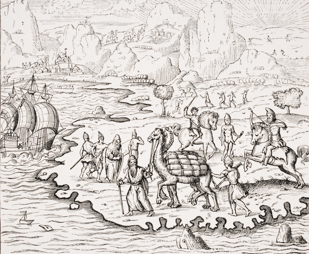 Transporte de mercadorias nas costas de camelos, reprodução de uma xilogravura em "La Cosmographie Universelle", de Andre Thevet, publicada em 1575, de "Le Moyen Age et La Renaissance", de Paul Lacroix (1806 de French School