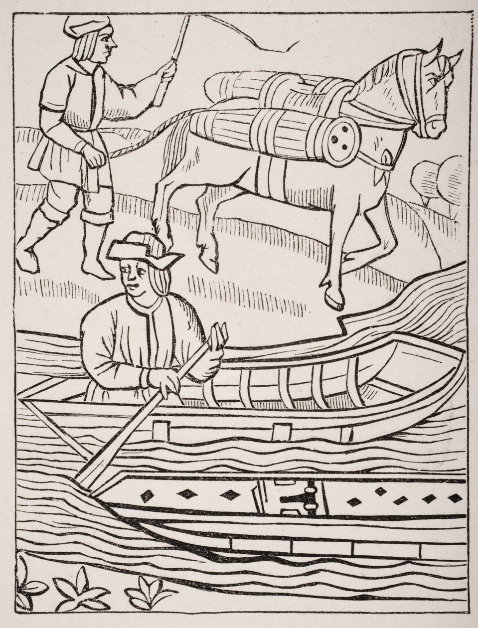 Transportando peixes por água e por terra, depois de uma gravura no Estatuto Real da Provostagem de Mercadores, 1528, de &39;Le Moyen Age et La Renaissance&39; por Paul Lacroix (1806-84) publicado em 1847 ( de French School