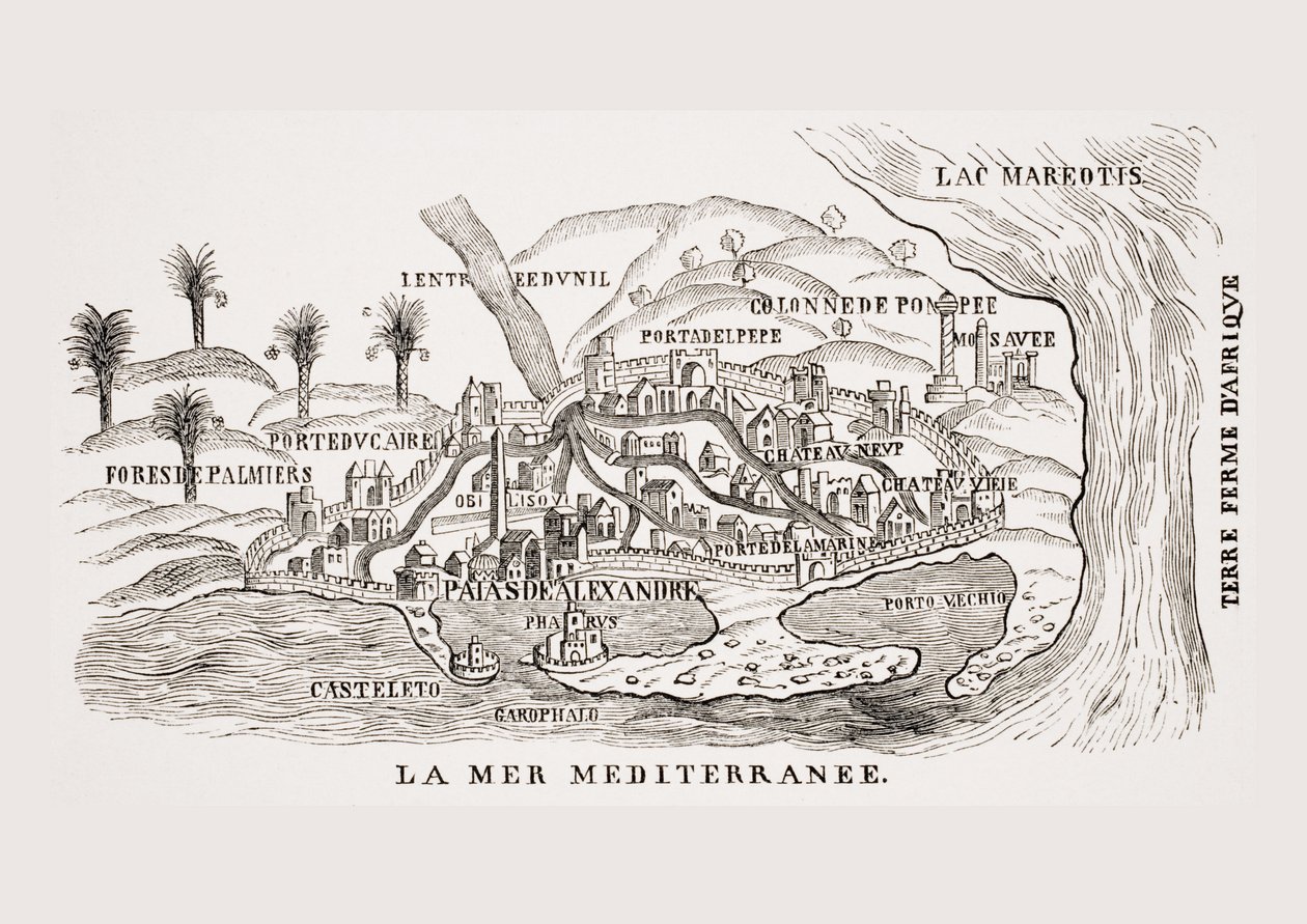 Vista de Alexandria, Egito, depois de uma xilogravura em "Observações de várias singularidades", de P. Belon, publicado em Paris, 1588, de "A Idade Média e o Renascimento", de Paul Lacroix (1806-84), publicado em 18 de French School