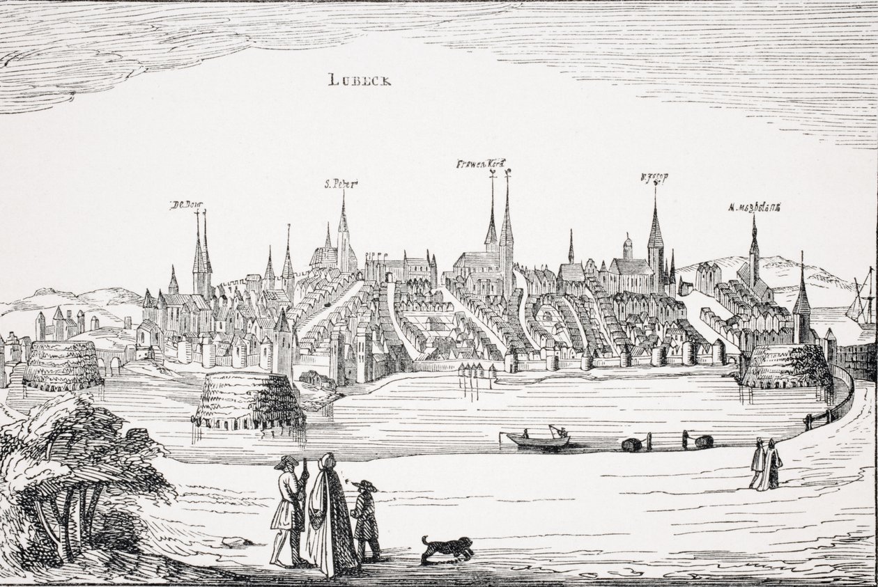 Vista de Lubeck e seu porto no século XVI, depois de uma placa de cobre em &39;Commentaria Rerum Germanicarum&39; de P. Bertius, publicada em Amsterdã, 1616, de &39;Le Moyen Age et La Renaissance&39; por Paul de French School