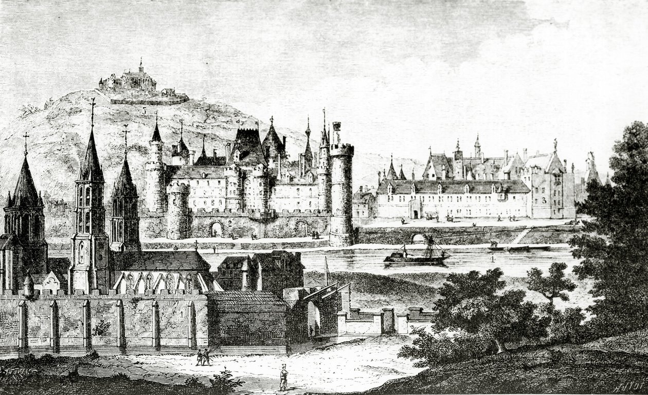 Vista de Saint-Germain-des-Prés e dos Pre-aux-Clercs durante o reinado de Carlos V, de &39;História de St. Germain des Pres&39;, de Dom Bouillart, publicada em 1724, ilustração de &39;Science and Liter de French School