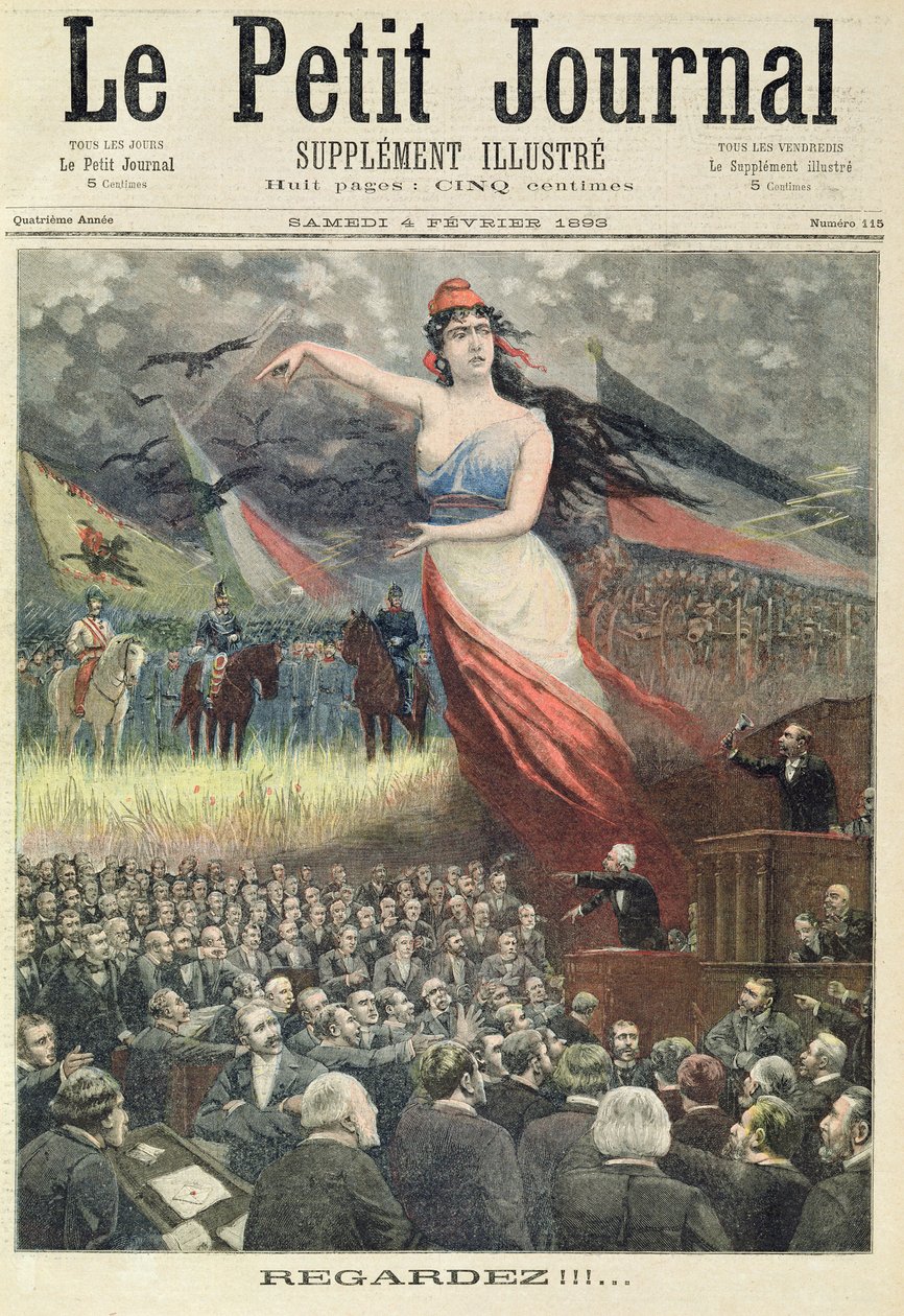 Enquanto o parlamento está em tumulto, os inimigos da França se preparam, desde a primeira página do suplemento ilustrado de &39;Le Petit Journal&39;, 4 de fevereiro de 1893 (cor lito). de French School