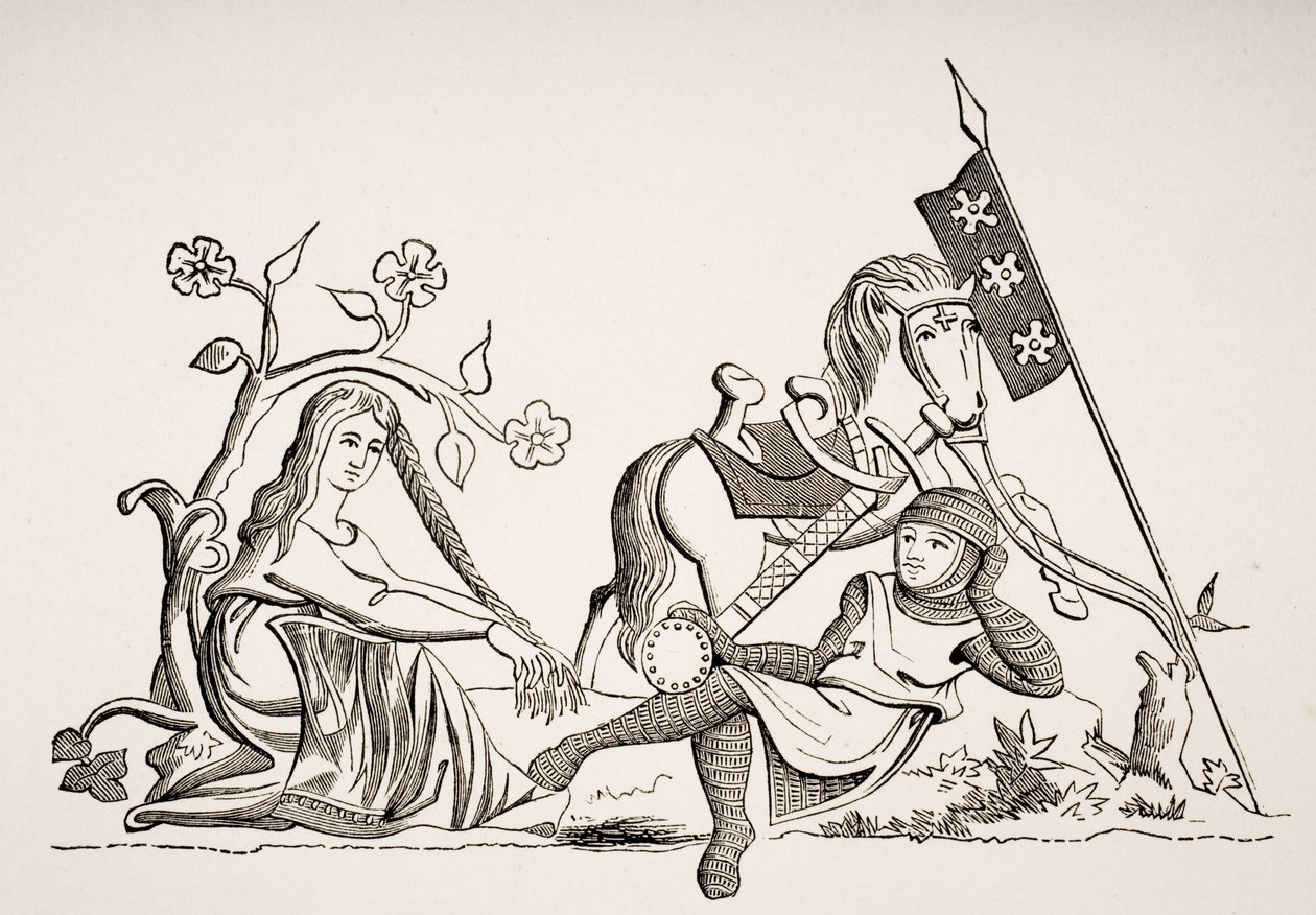 Mulher sob a salvaguarda da cavalaria, depois de uma miniatura do século XV em um livro de Salmos latinos, de "Le Moyen Age et La Renaissance", de Paul Lacroix (1806-84), publicado em 1847 de French School