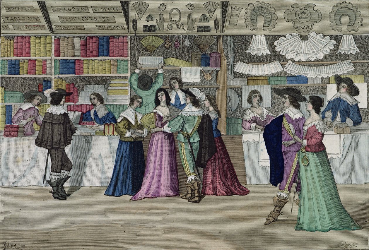Lojas na Galeria do Palais de Justice na época de Louis XIII (1601-43) de &39;Costumes de Paris a Travers les Siecles&39; ed. Roy, publicado em 1887 (gravura a cores) de Garcia