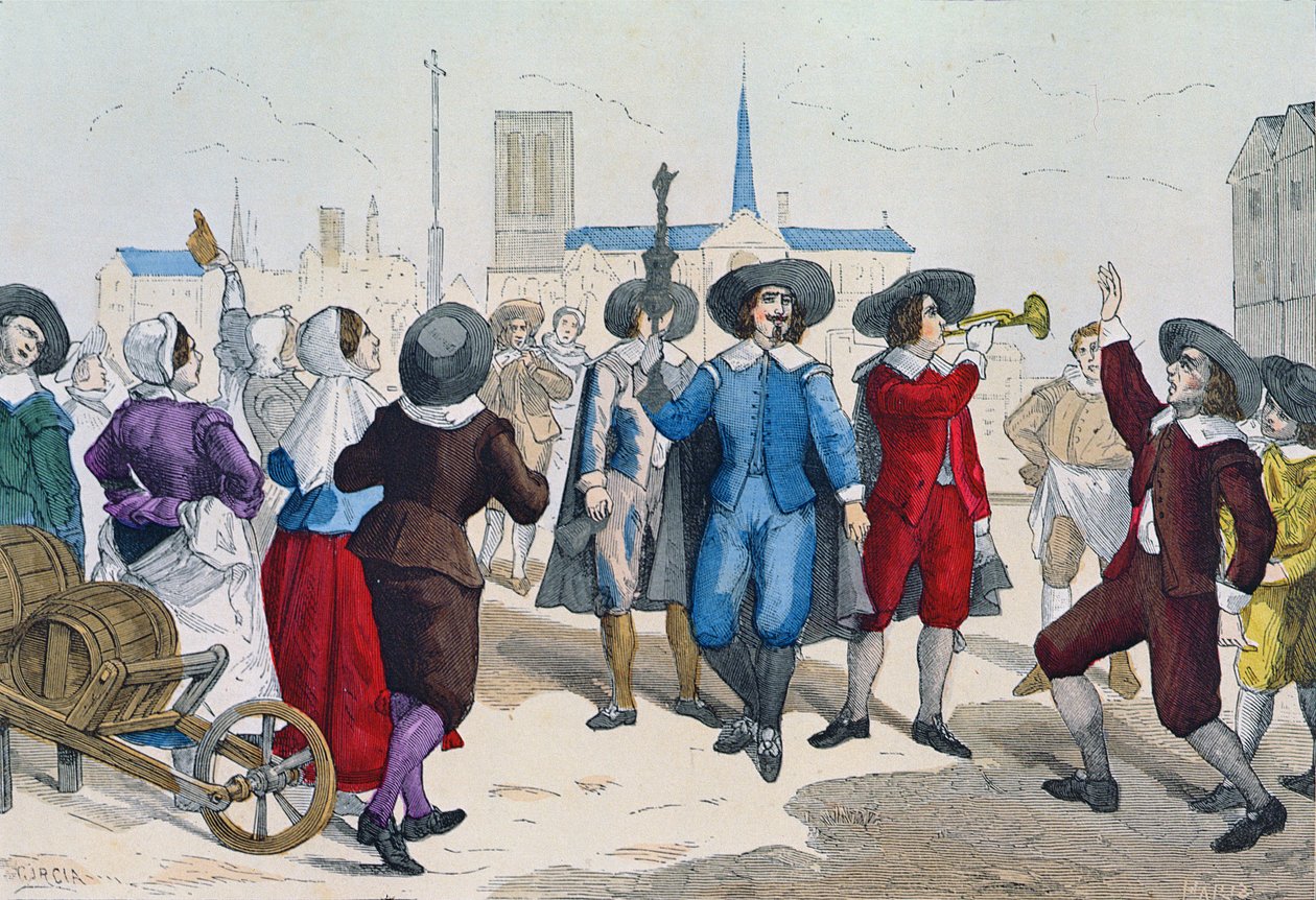 Os vendedores de vinho costumavam atravessar as ruas na época de Luís XIII (1601-1643) precedido por seu líder carregando uma taça de prata, da edição de "Trajes de Paris à Travessia de Sièche". Roy, publicado 188 de Garcia