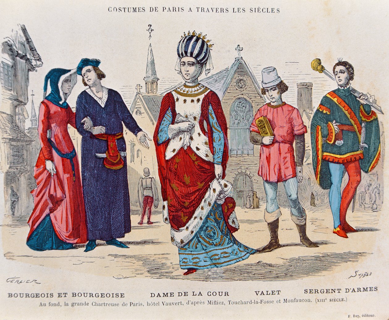 Traje de corte na França durante o século XIII, ilustração de &39;Trajes de Paris a les les siecles&39; de H. Gourdon de Genouillac, gravada por Stablo (século XIX) (gravura a cores) de Gerlier