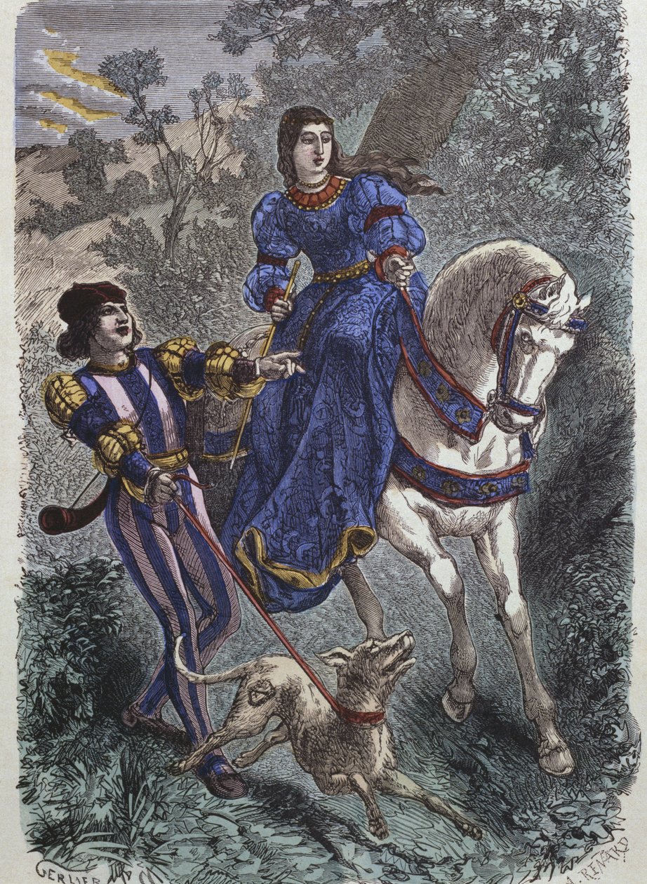 Trajes de caça no século 15, jovem mulher de equitação com seu escudeiro, ilustração de &39;trajes de Paris um les les siecles&39; por H. Gourdon de Genouillac, gravado por A. Renard (século XIX) (col de Gerlier