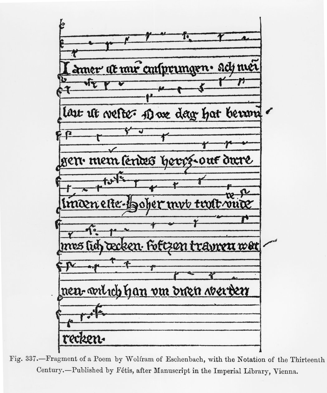 Fragmento de um poema de Wolfram de Eschenbach, publicado pela Fetis, ilustração de &39;Ciência e Literatura na Idade Média e Renascimento, escrito e gravado por Paul Lacroix, 1878 (b de German School