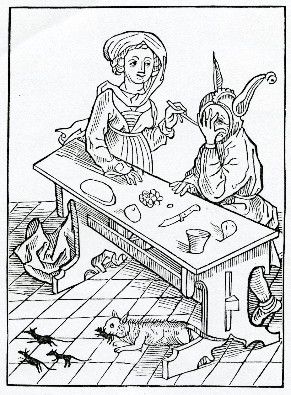 De auoutry, e especialmente deles yt ar bawdes para seus wyues, knowynge e wyll nat knowe, mas kepe counseyll, para couetyse, e gaynes ou auauntage, ilustração do tra inglês de Alexander Barclay de German School