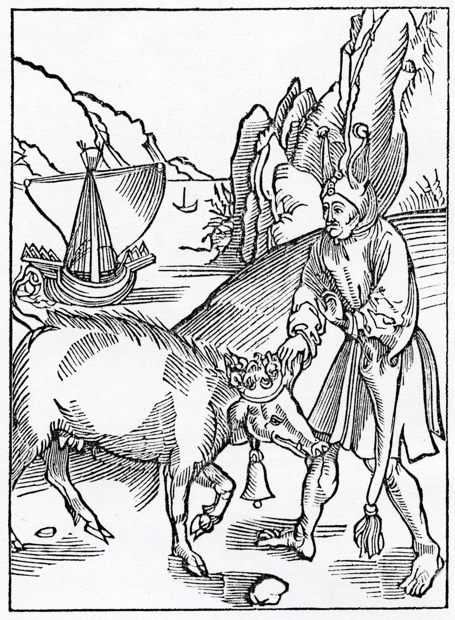 De foles abhomynable em palavras falhadas de rybawdry, ilustração da tradução inglesa de Alexander Barclay de &39;O navio dos tolos&39;, de uma edição publicada em 1874 (gravura) de German School