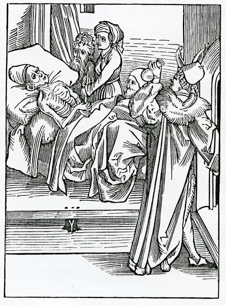 De folysshe Fesycyans e unlerned que on folowe paractyke não sabem nada do speculacyon de theyr faculte, ilustração da tradução inglesa de Alexander Barclay de &39;The Ship of Fools&39;, fr de German School