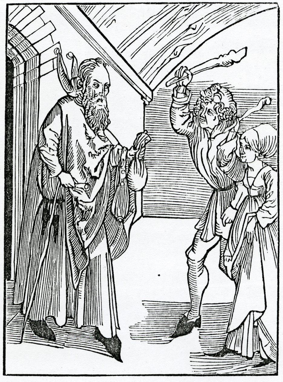 De todas as crianças, ela segue seu fader e moder, ilustração da tradução inglesa de Alexander Barclay de "O navio dos tolos", de uma edição publicada em 1874. de German School
