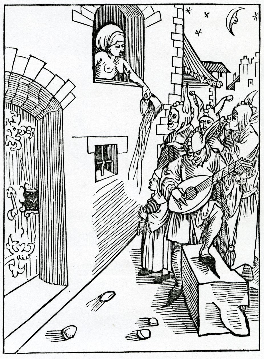 De observadores noturnos e apostadores das stretes trocam idéias sobre folias instrumentes e contra-lyke whan tyme é descansar, ilustração da tradução inglesa de Alexander Barclay de &39;The Ship of Fool&39; de German School