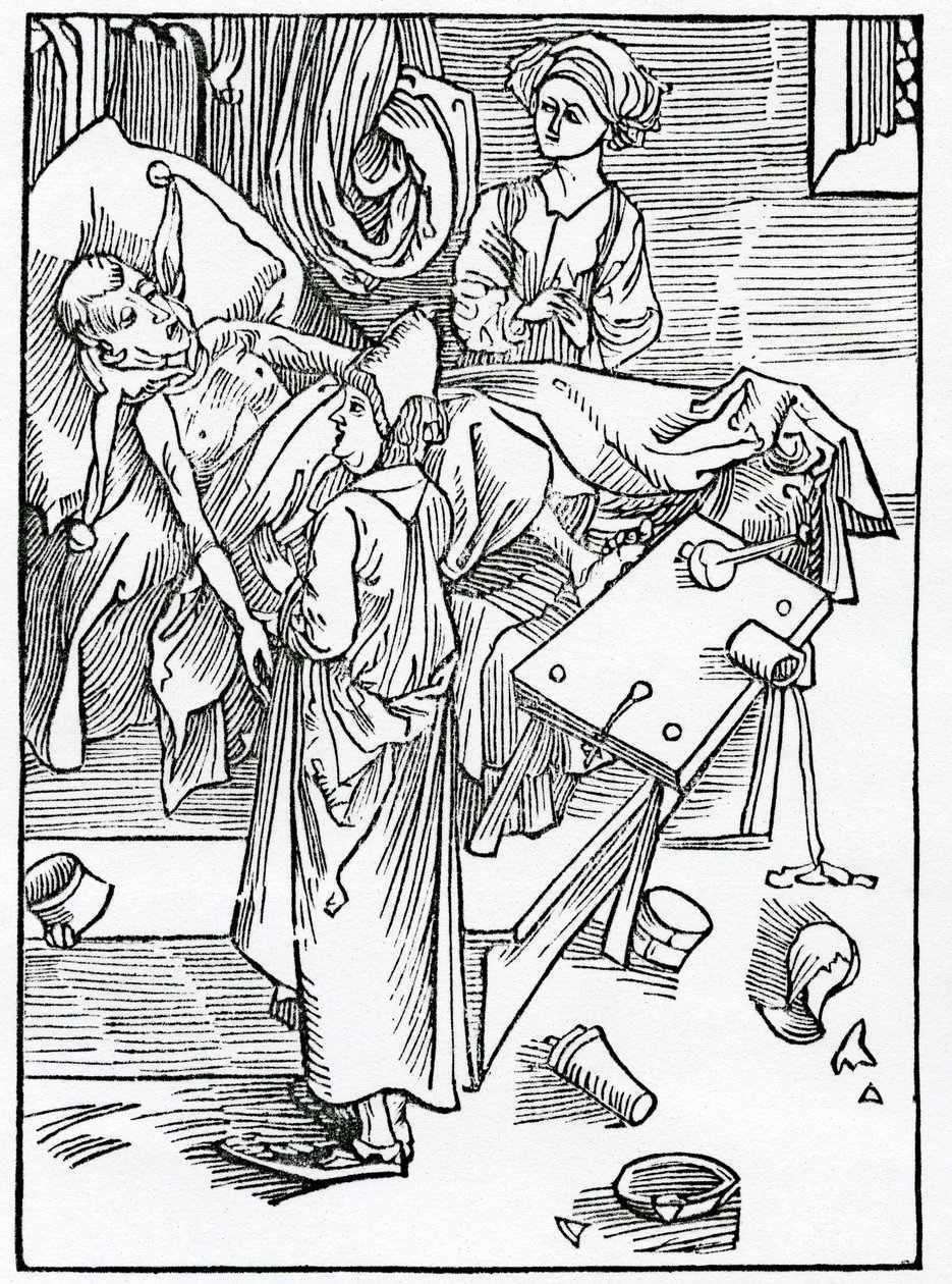 Deles, que são desconfortáveis, se parecem e são impacientes e inofensivos para o Phesycyan, ilustração da tradução inglesa de Alexander Barclay de "O Barco dos Loucos", de uma edição publicada em 1874. de German School