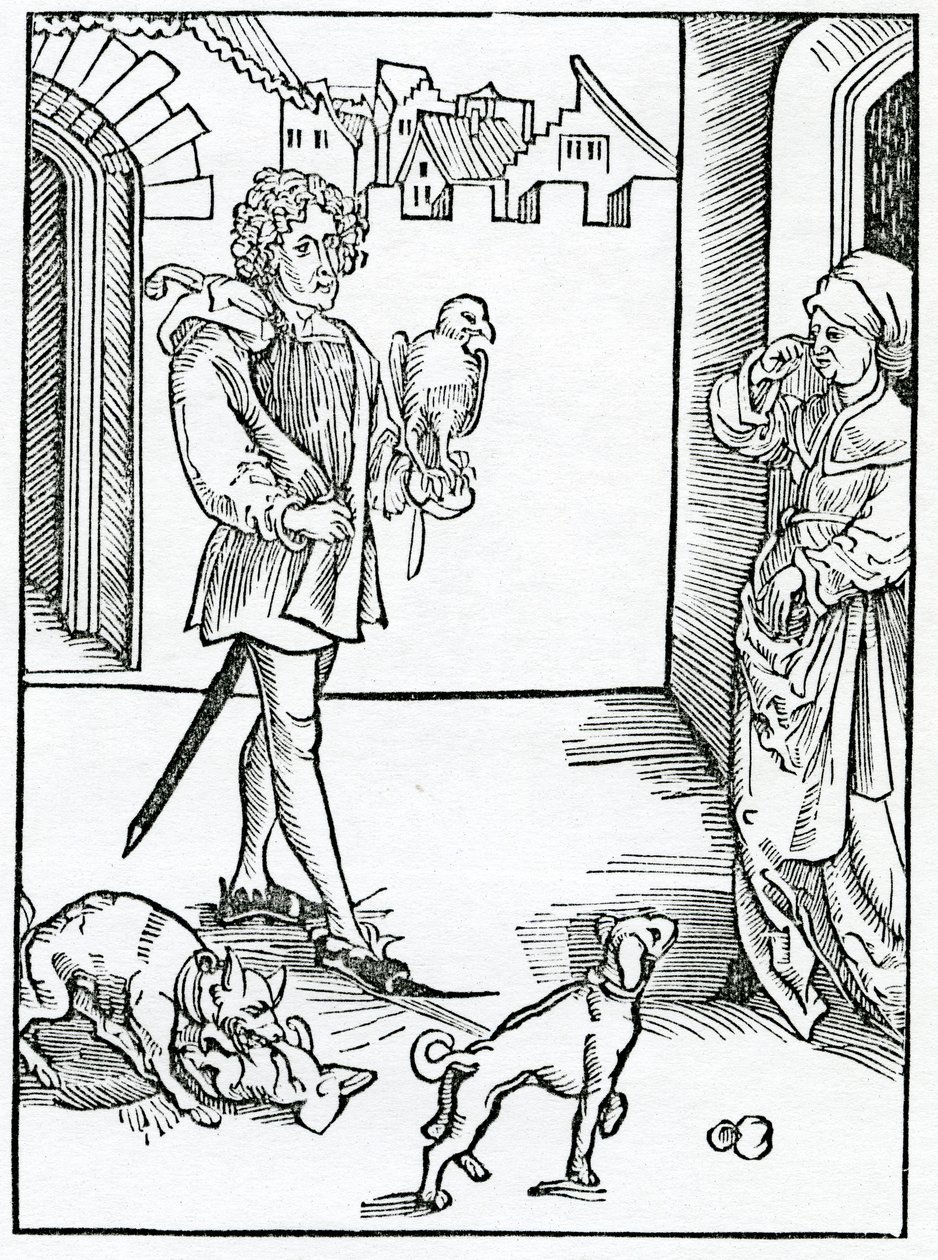 Dos que fazem ruídos de reinos de talism e fazem outros tngulagens vulgares e desonestos em vós, chirche de Deus, ilustração da tradução inglesa de Alexander Barclay de &39;The Ship of Fools&39;, de de German School