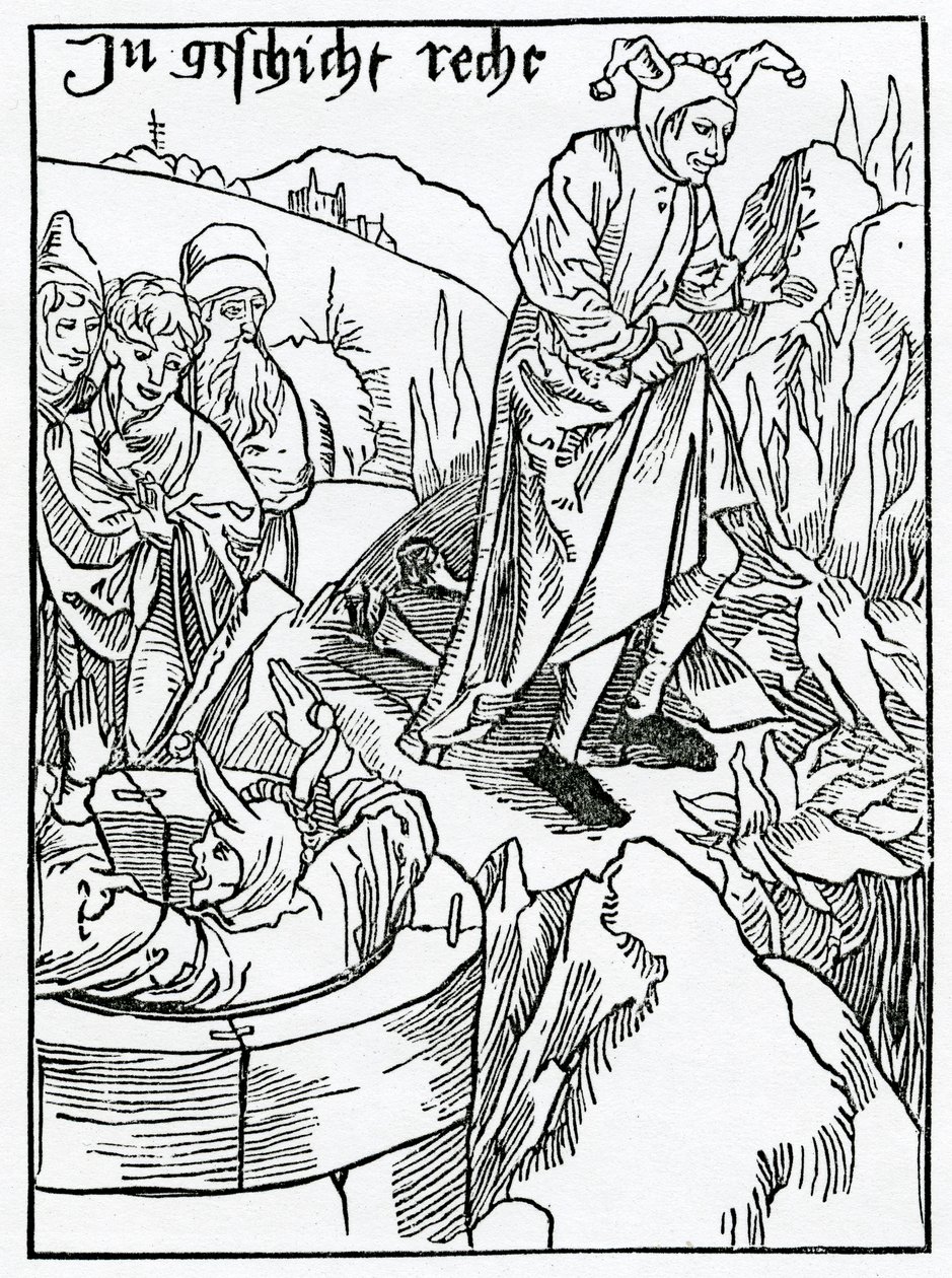 Dentre eles, wyllynge e knowyngly colocam-se em ieopardy e peryll, ilustração da tradução inglesa de Alexander Barclay de &39;The Ship of Fools&39;, de uma edição publicada em 1874 (gravura de German School