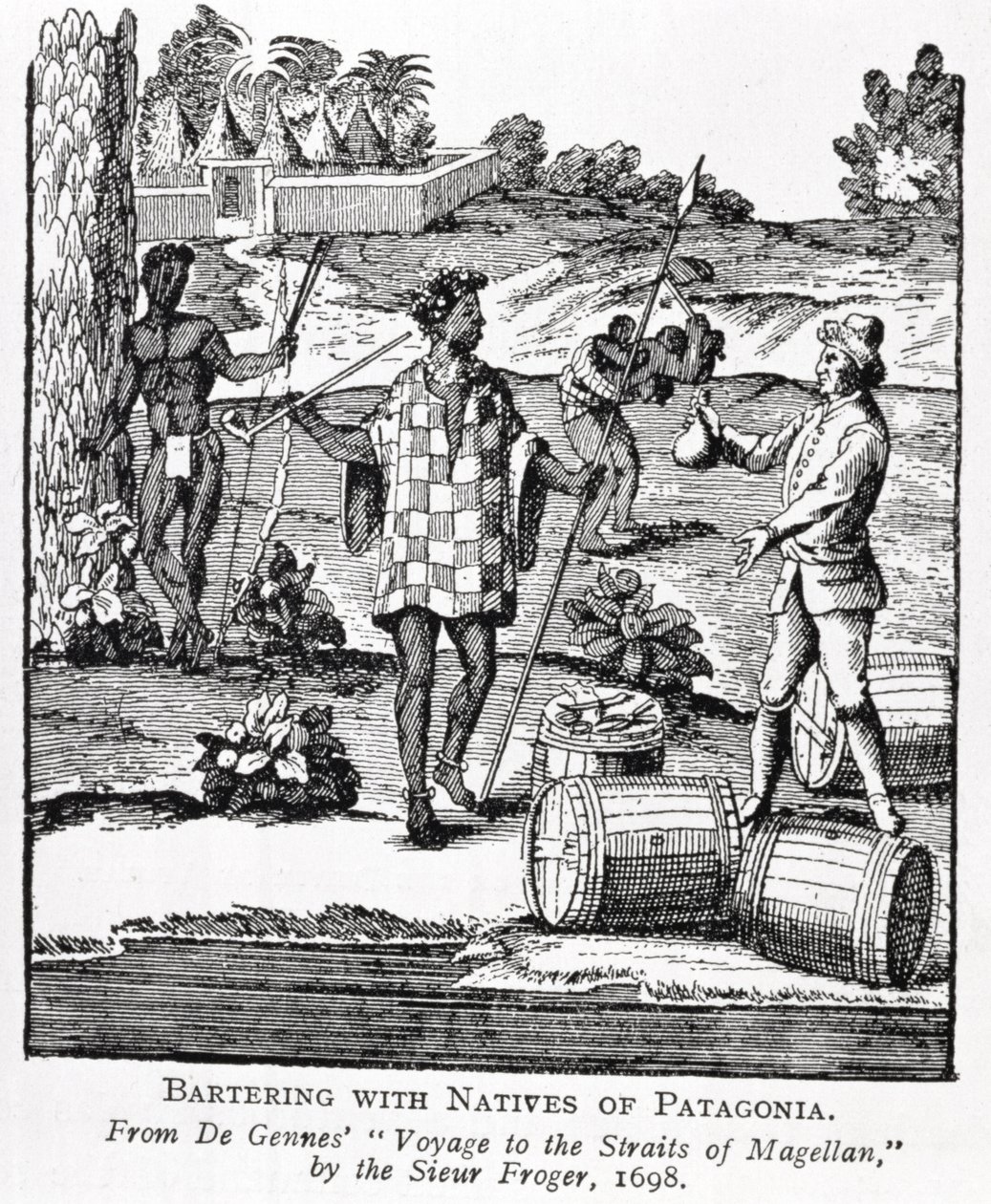 Espanhol Bartering with Natives of Patagonia, da Viagem de Gennes ao Estreito de Magalhães, de Sieur Froger, 1698, de "O Romance do Rio da Prata", vol. Eu, por WH Koebel, 1914 (engr de German School