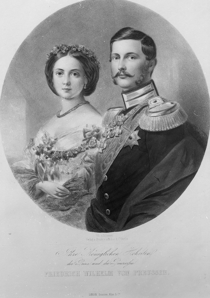 Retrato de casamento de suas altezas reais Princesa Victoria (1840-1901) e do príncipe herdeiro Frederico Guilherme da Prússia (1831-88) 25 de janeiro de 1858, gravado por Carl Sussnapp de German School