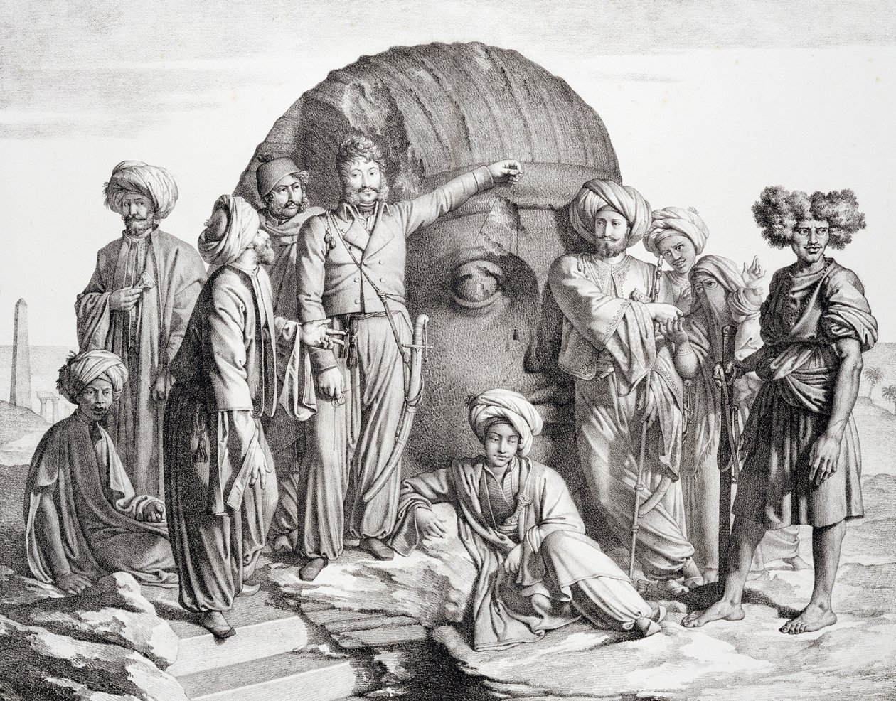 Monsieur Drovetti e seus seguidores usaram um prumo para medir uma cabeça colossal no deserto egípcio, gravada por G. Engelmann, de "Voyage dans le Levant", de Comte de Forbin, publicada em 1819 (lit de Granger